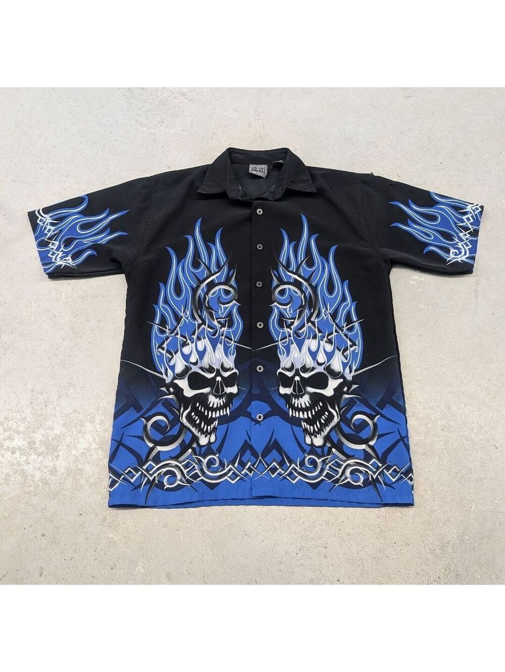 Crazy Y2K Flaming Blue Skull JNCO Style Button Up Shirt